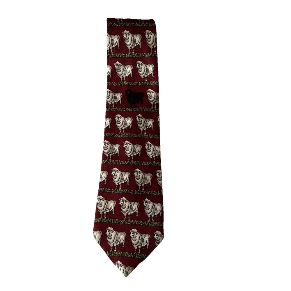 Vtg Renaissance Hand Made Black Sheep Silk Tie Red Novelty Farm Animal Diana